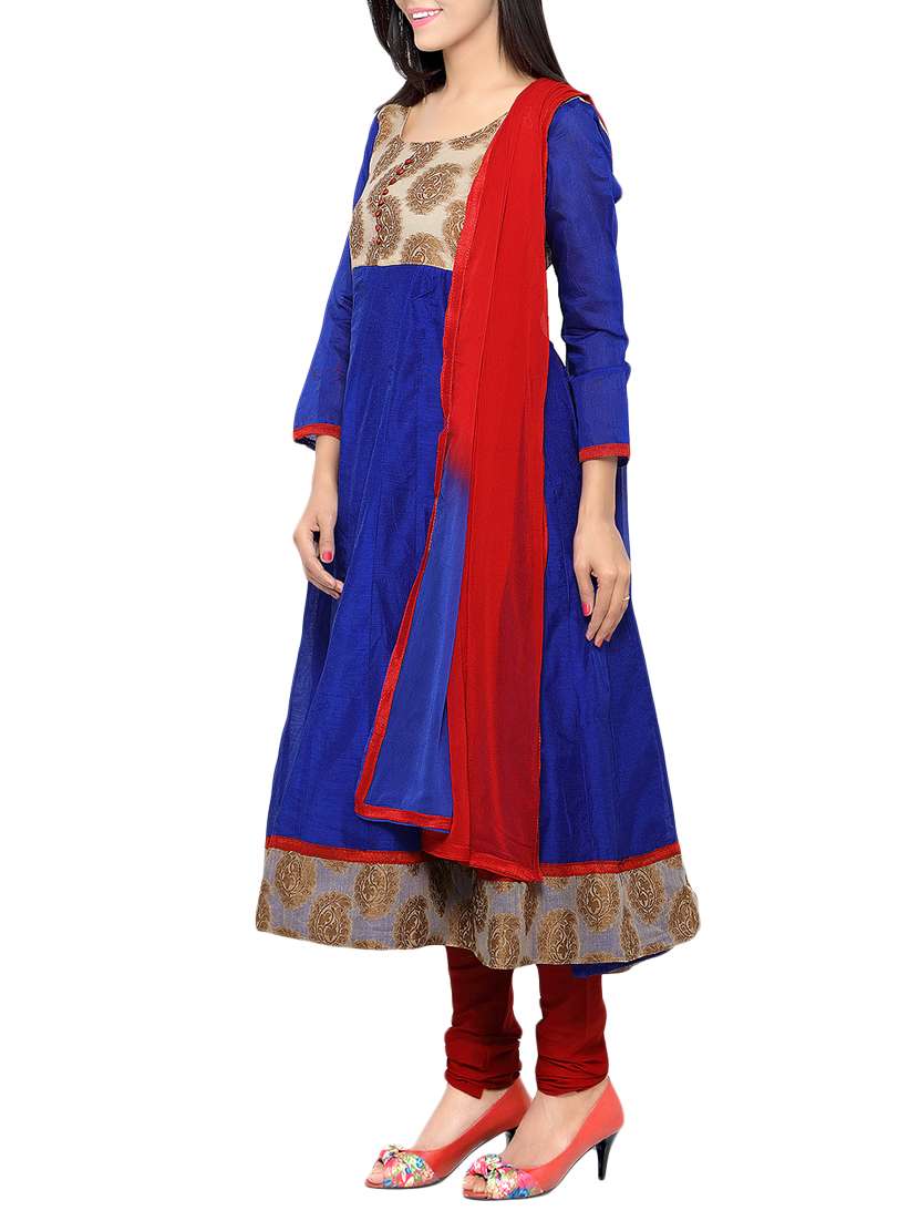 blue chanderi cotton unstitched suit - 14432017 -  Standard Image - 1