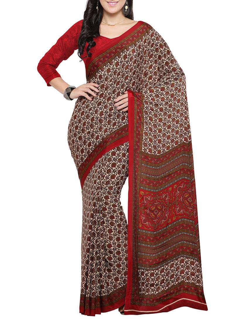 beige crepe printed saree with blouse