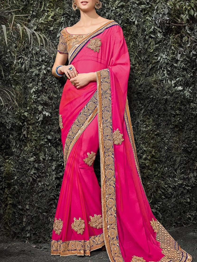 pink chiffon embroidered saree with blouse