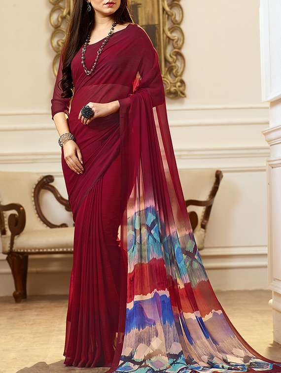 maroon georgette printed saree with blouse