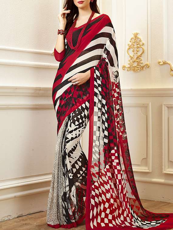 red printed saree