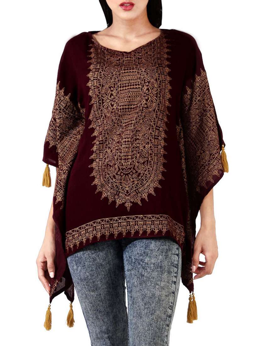 maroon printed tasseled kaftan