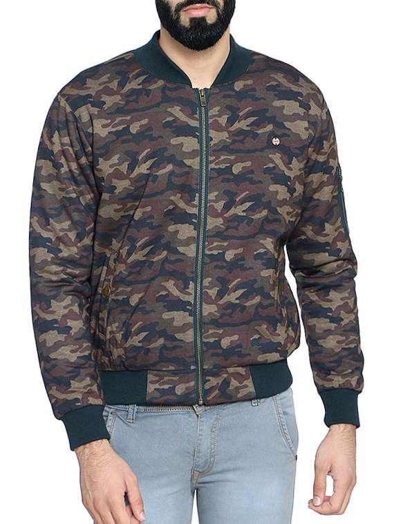 brown camouflage print bomber jacket