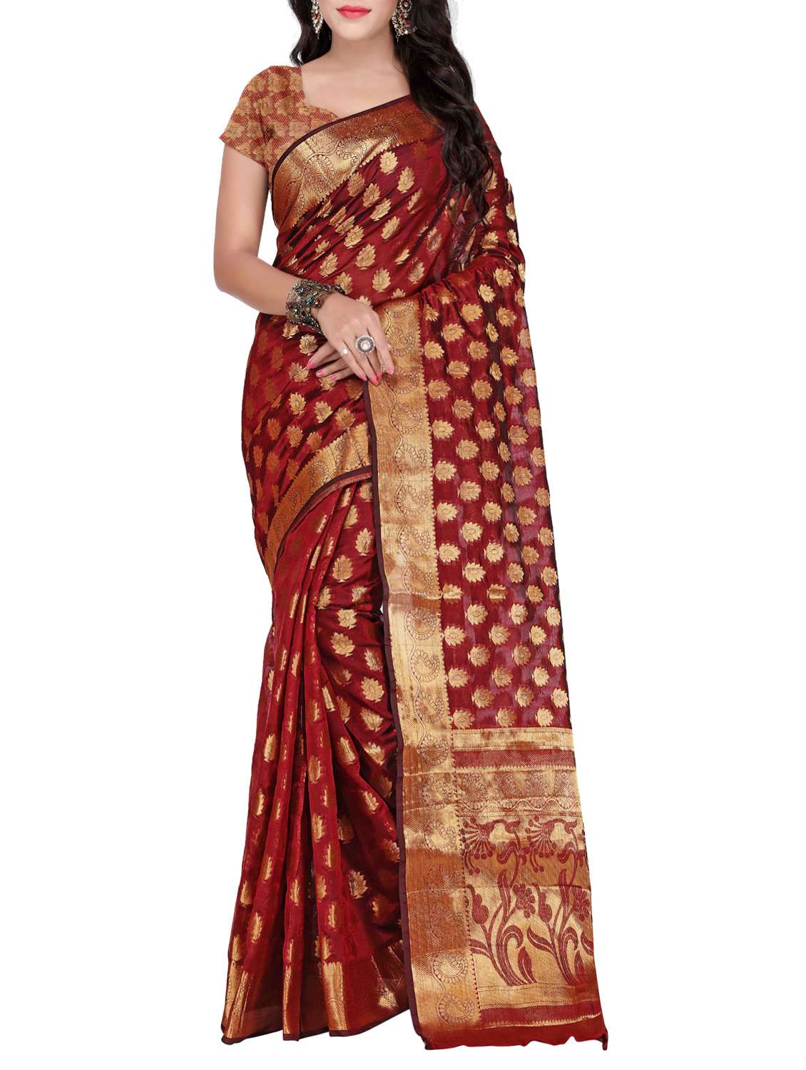 maroon silk blend banarasi saree with blouse