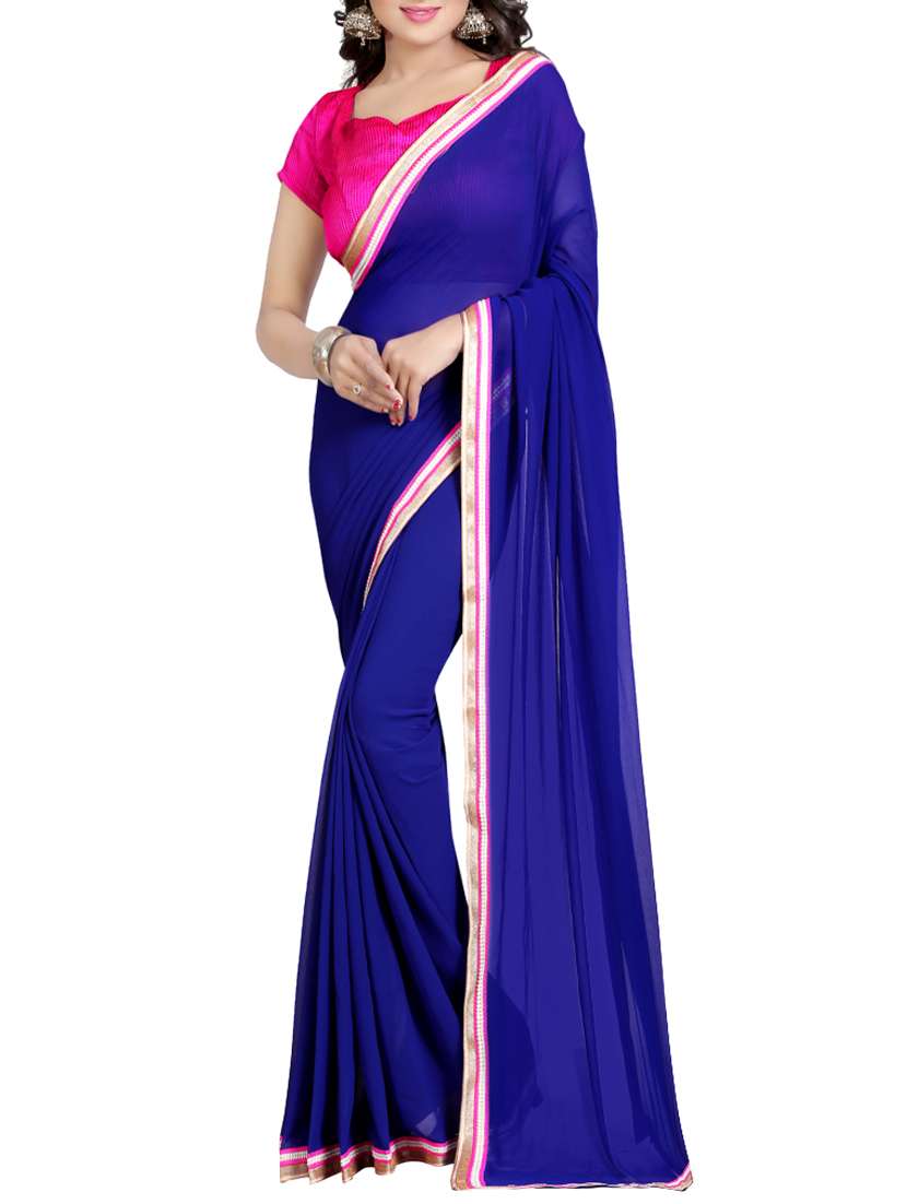 women's bordered royal blue colored saree with blouse