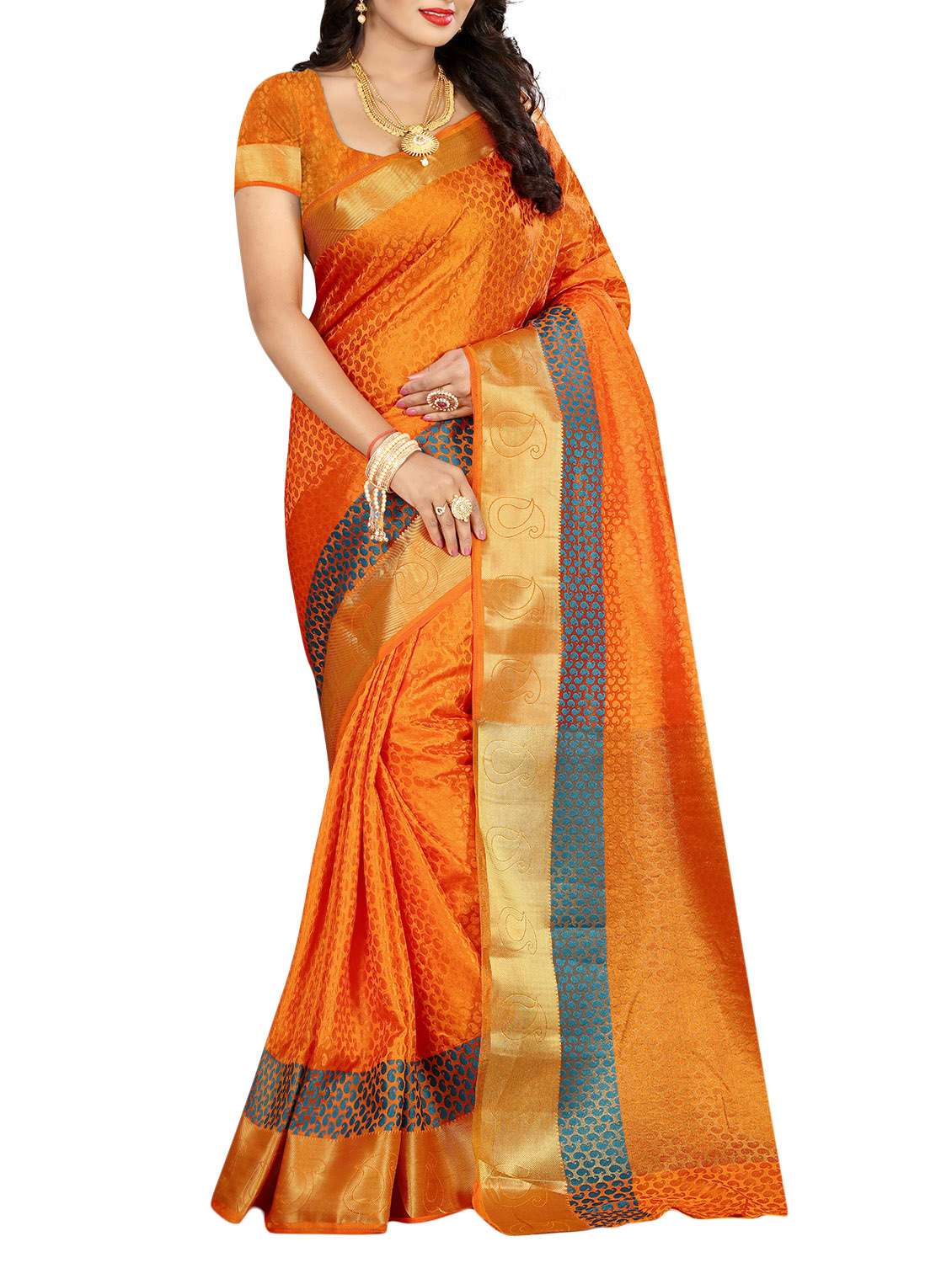 orange woven saree with blouse