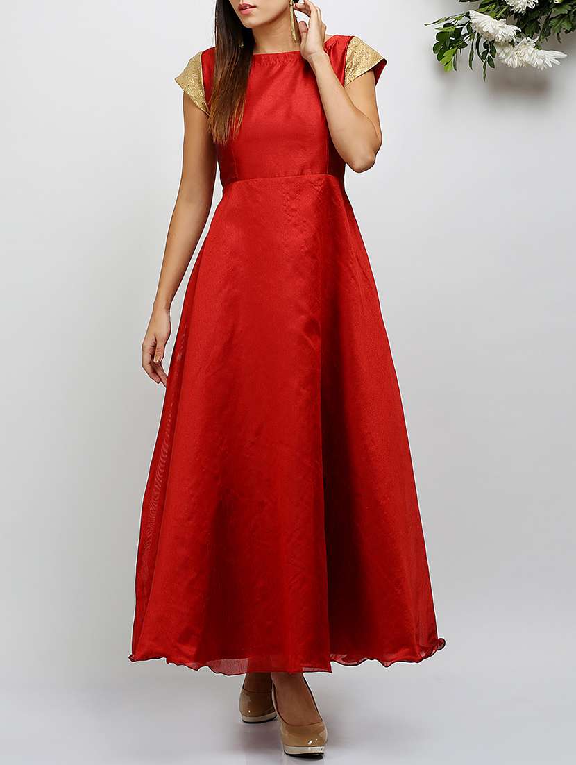 embellished sleeved boat neck gown