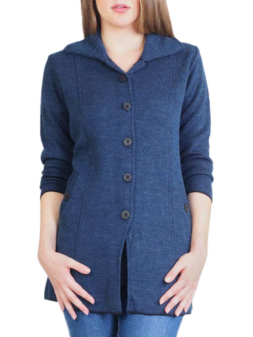 blue self design full sleeves coatigan