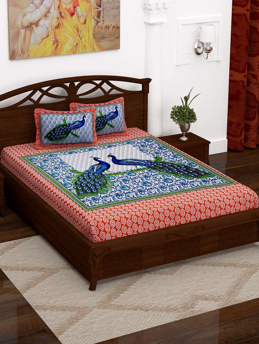 152 tc pure cotton traditional rajasthani printed double bed sheet with 2 pillow covers
