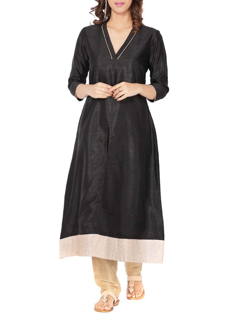 black art silk high slit  solidkurta
