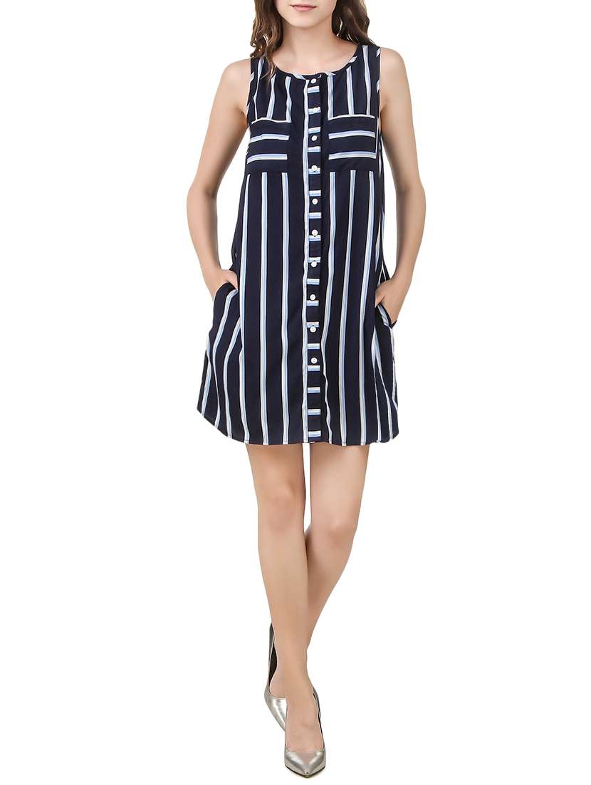 navy blue striped rayon dress