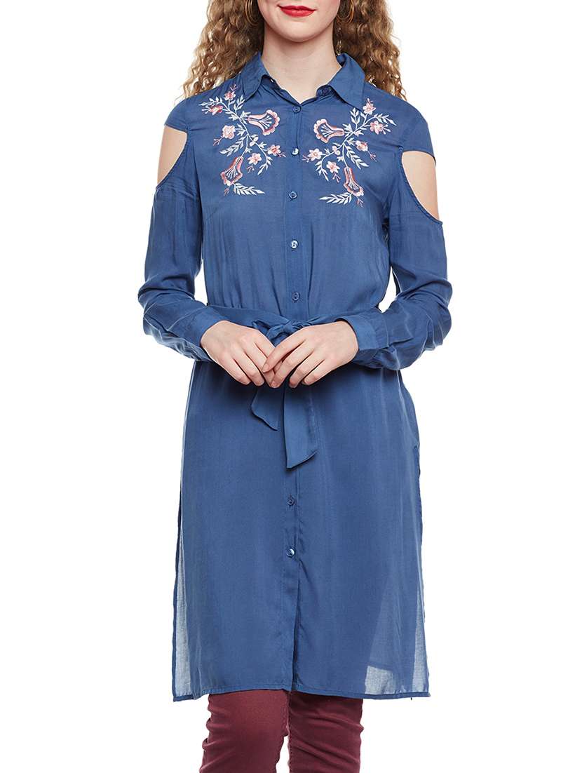 blue solid viscose shirt tunic