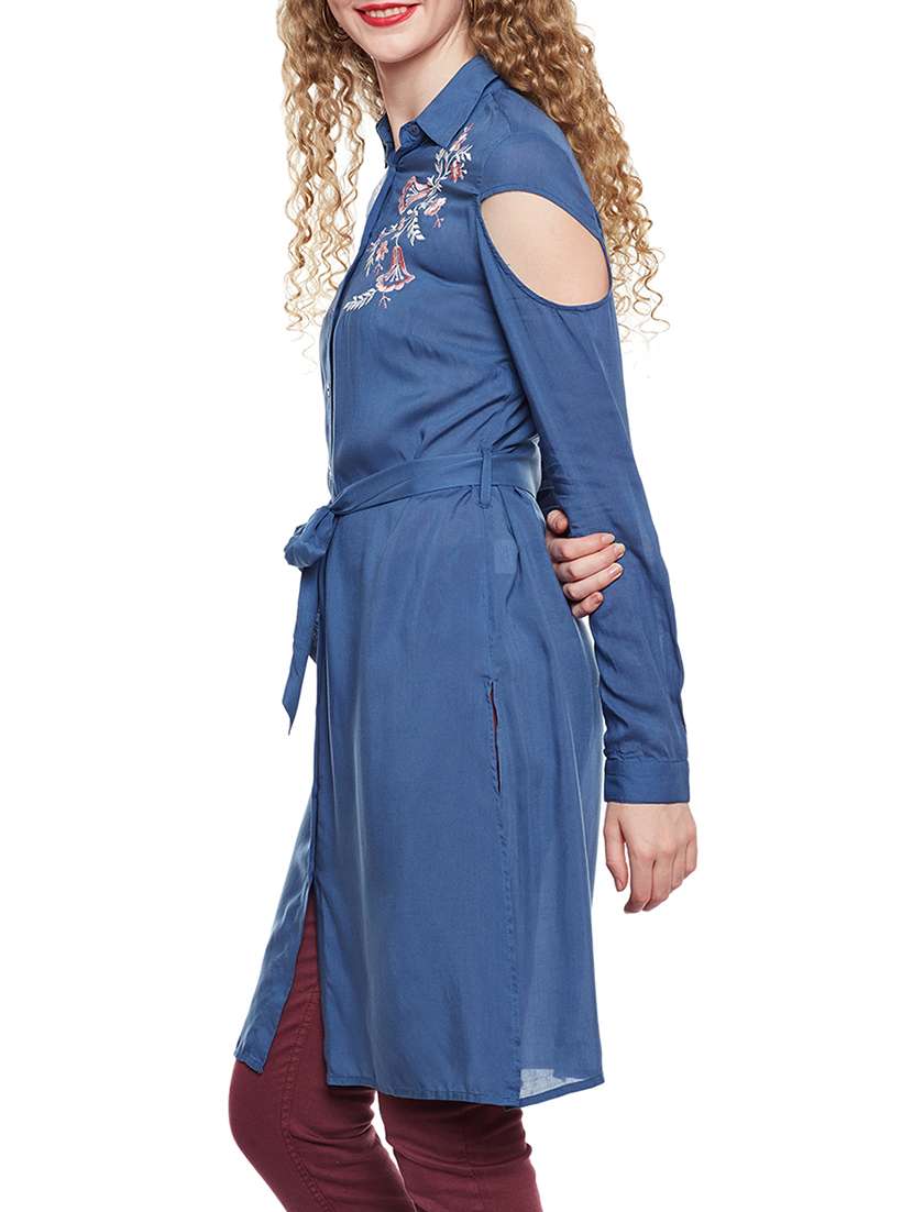 blue solid viscose shirt tunic - 14518731 -  Standard Image - 1
