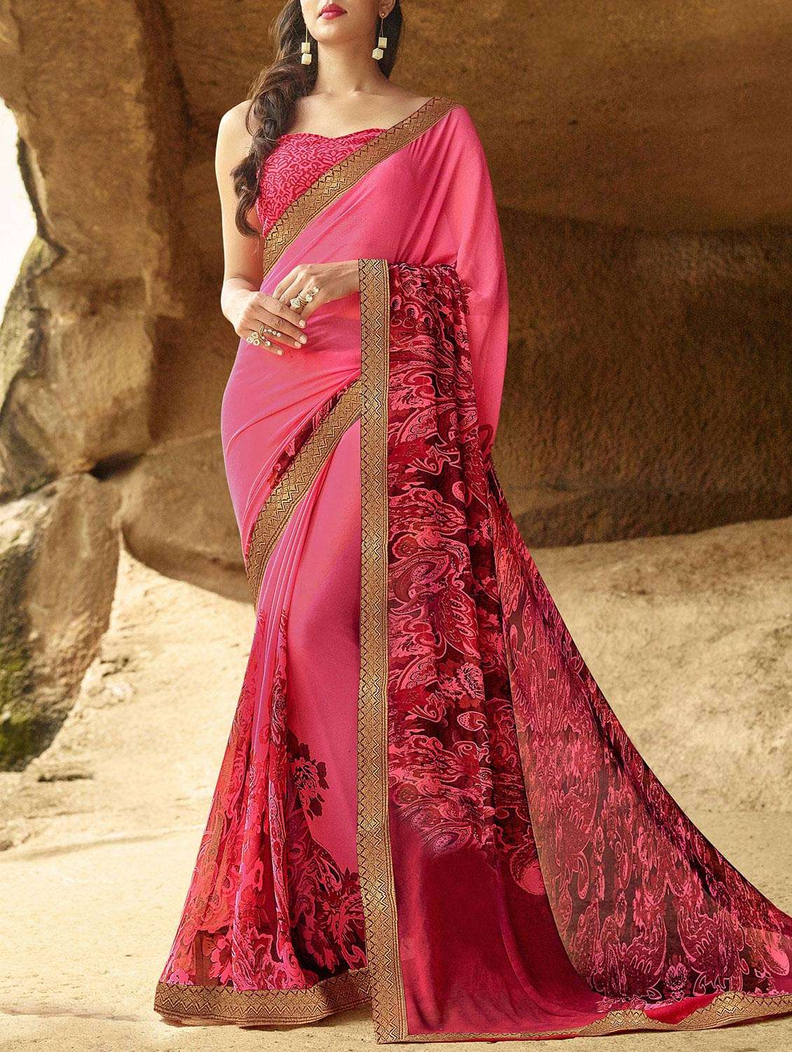 pink georgette printed saree with blouse