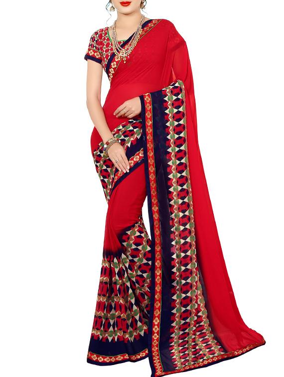 women's geometric red colored saree with blouse - 14521103 - Zoom Image - 0