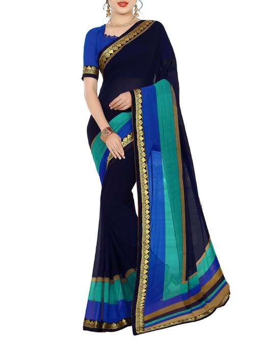 women's bordered navy blue colored saree with blouse - 14521104 -  Standard Image - 0