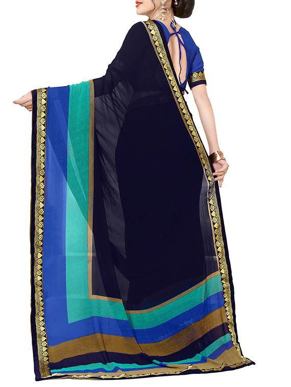 women's bordered navy blue colored saree with blouse - 14521104 -  Standard Image - 1