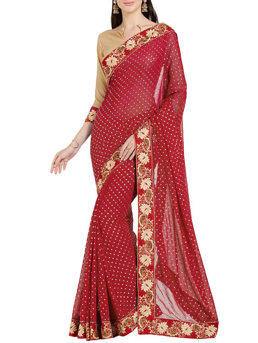 red georgette embroidered saree with blouse