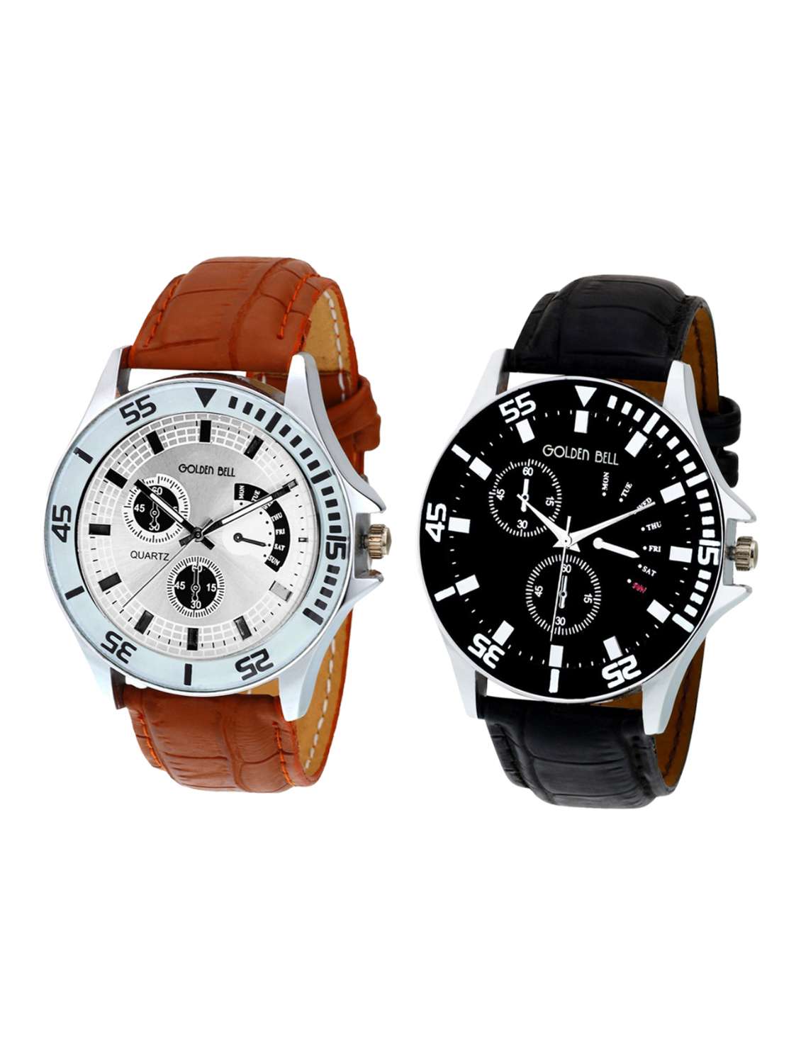 Golden Bell Combo of 2 Multicolour Dial Leather Strap Analog Wrist Watches for Men (Pack of 2) - GB-494