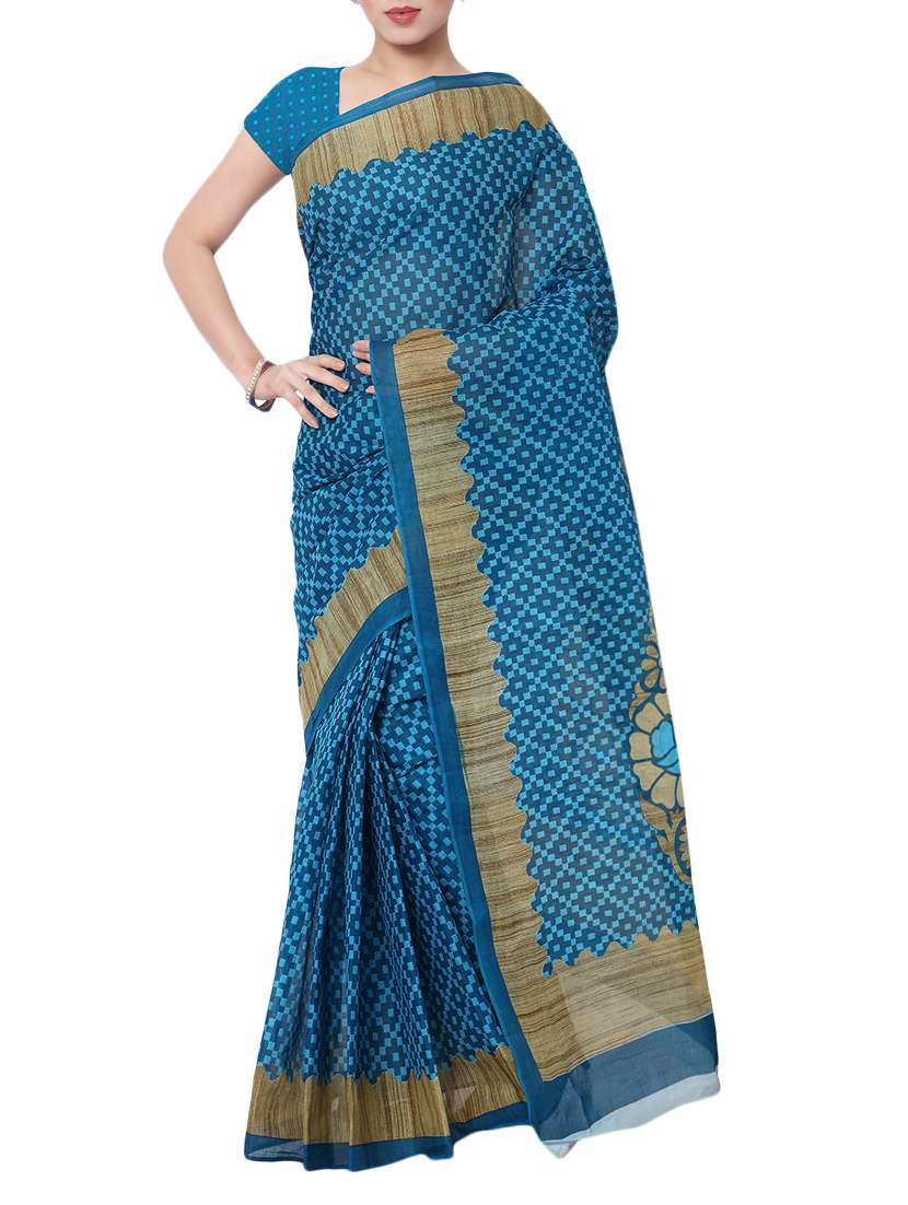 blue cotton printed saree with blouse