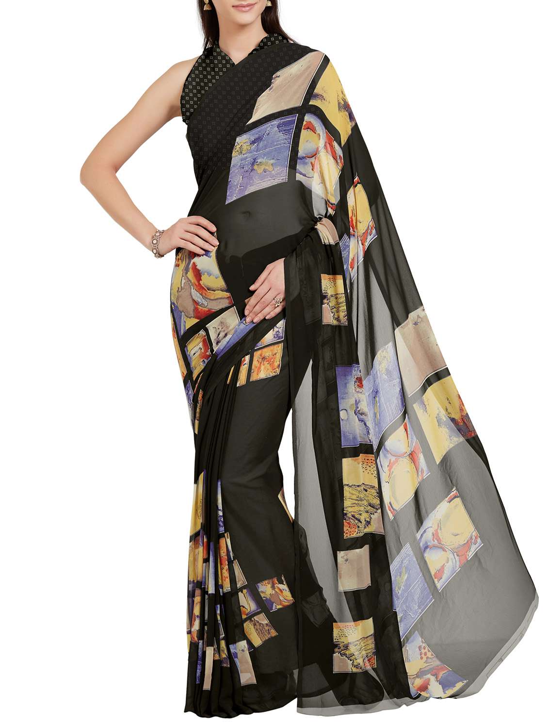 black faux georgette printed saree with blouse