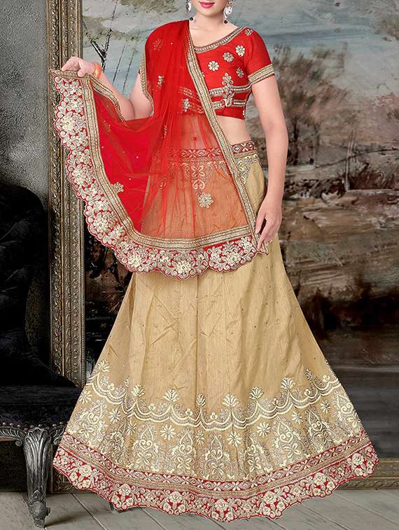 beige poly silk embroidered paneled lehenga