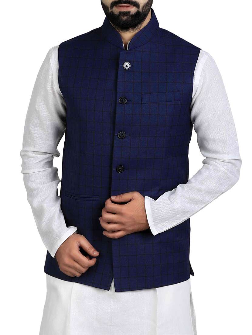 navy blue cotton nehru jacket