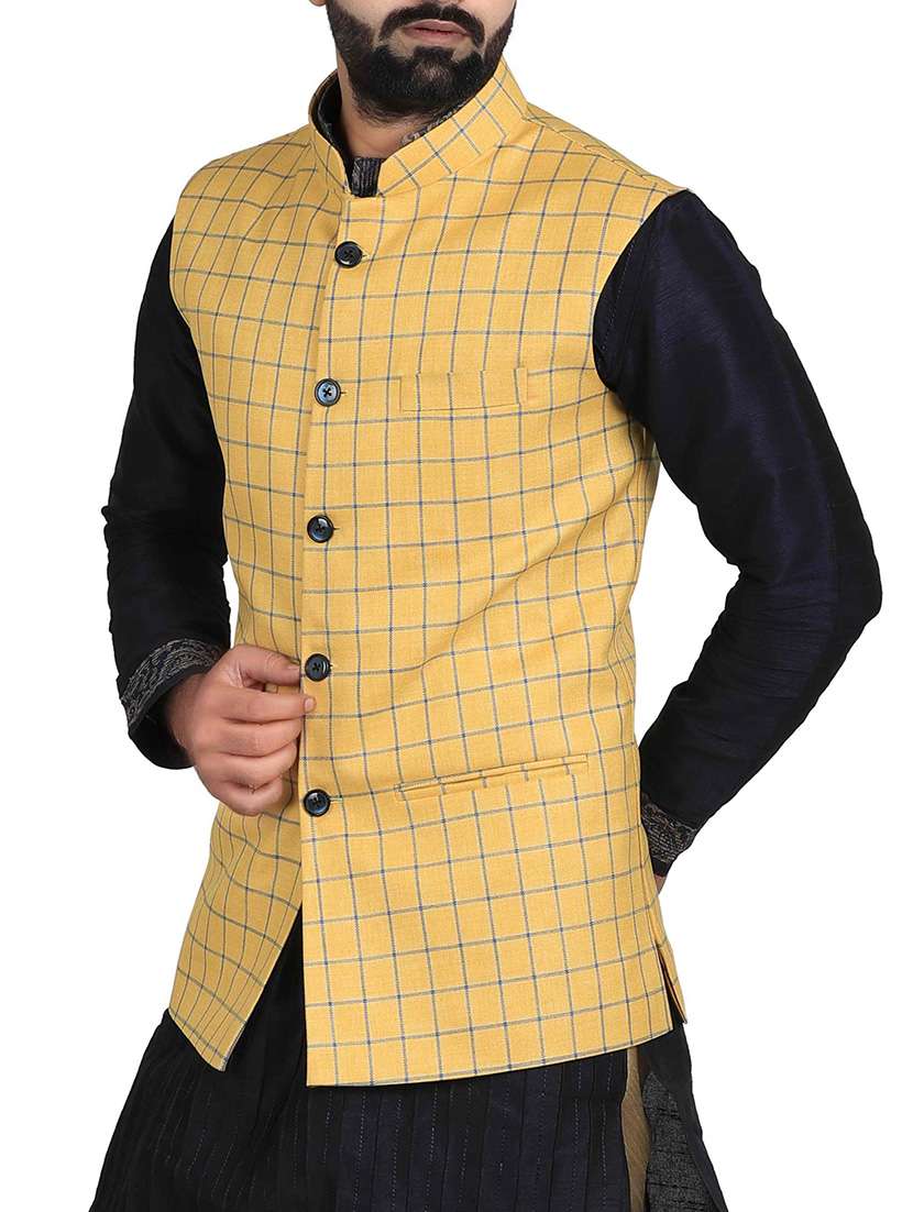 yellow cotton nehru jacket - 14574580 -  Standard Image - 1