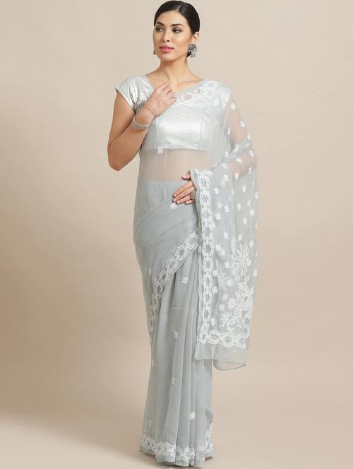 pearl grey georgette saree with chikankari work - 14587245 - Standard Image - 0