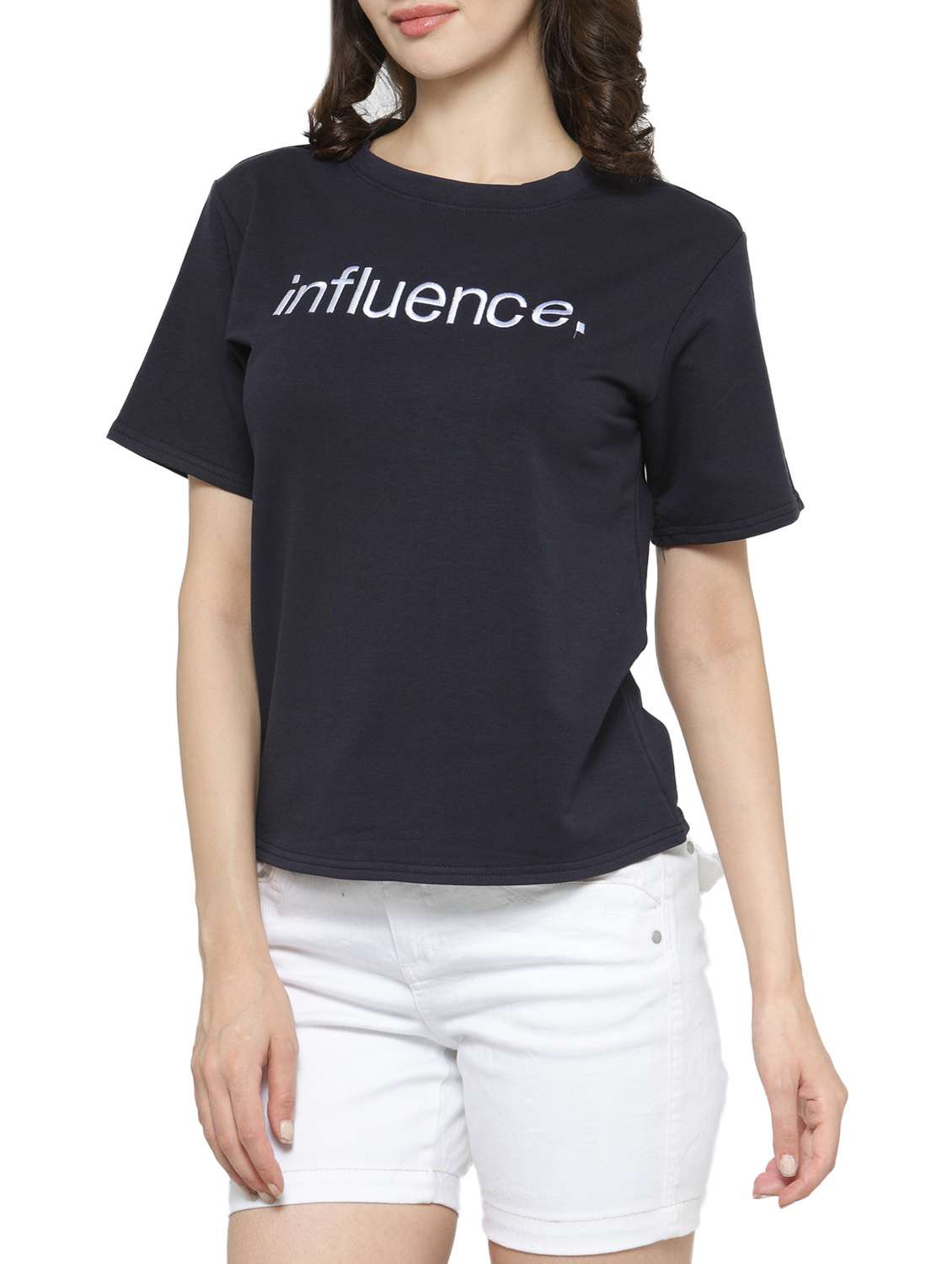 women's chest print crew neck t-shirt - 14590121 -  Standard Image - 1