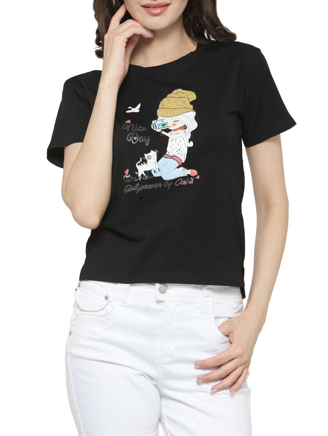 women's front print crew neck t-shirt - 14590138 - Zoom Image - 0