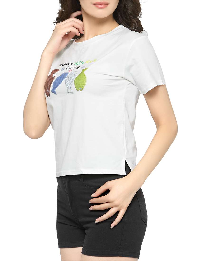women's chest print round neck t-shirt - 14590155 -  Standard Image - 1