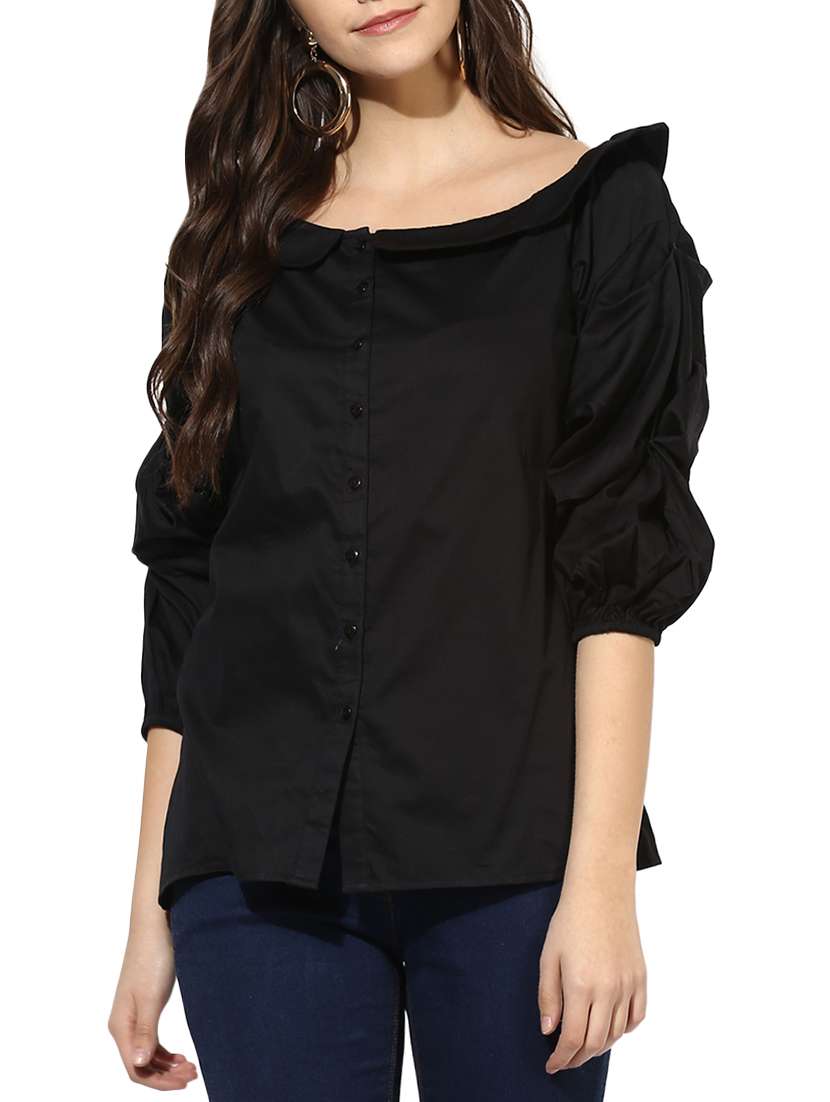 of-soulder collared shirt with rouched sleeves.