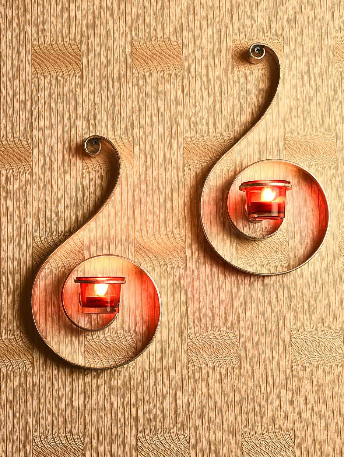 set of 2 silver decorative wall sconce with red glass and free tealight candles