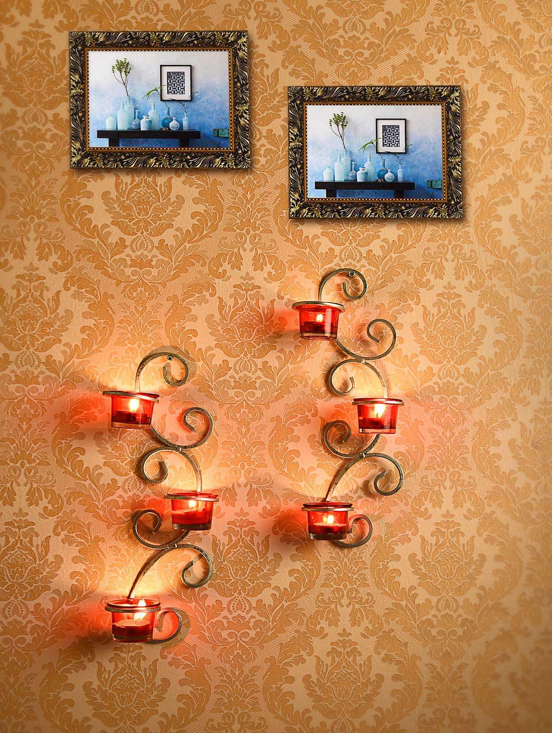 set of 2 metallic silver wall sconce with red and clear glasses