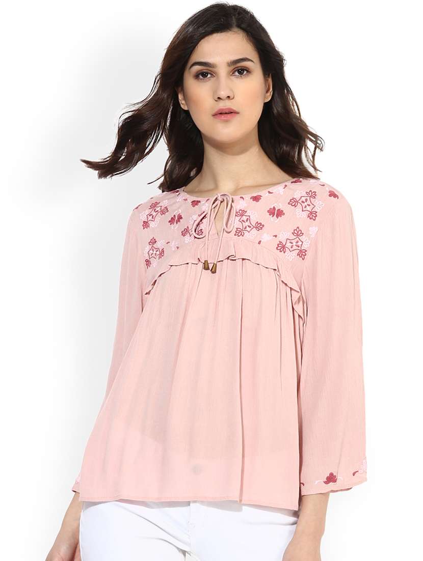 frill trim embroidered peasant top