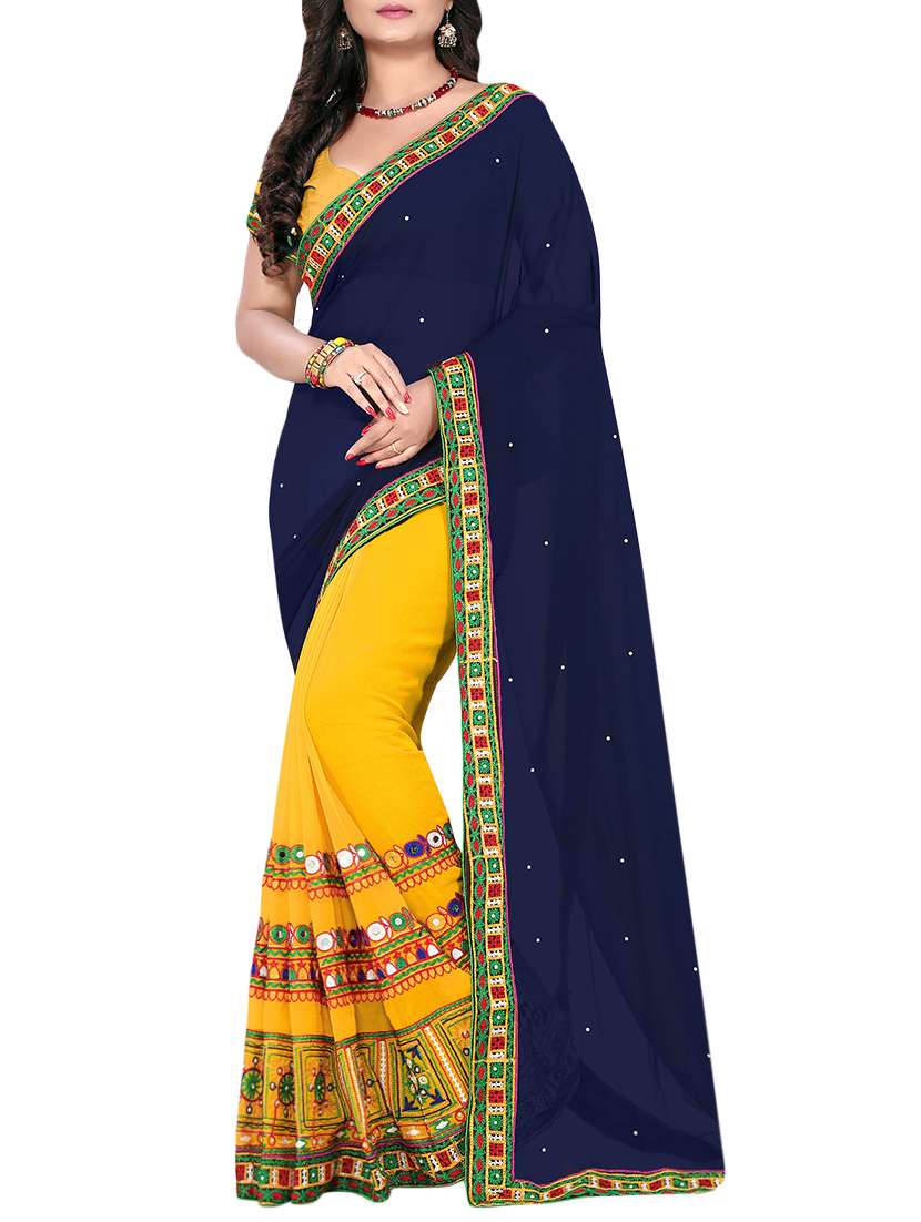 women's null navy blue colored saree with blouse