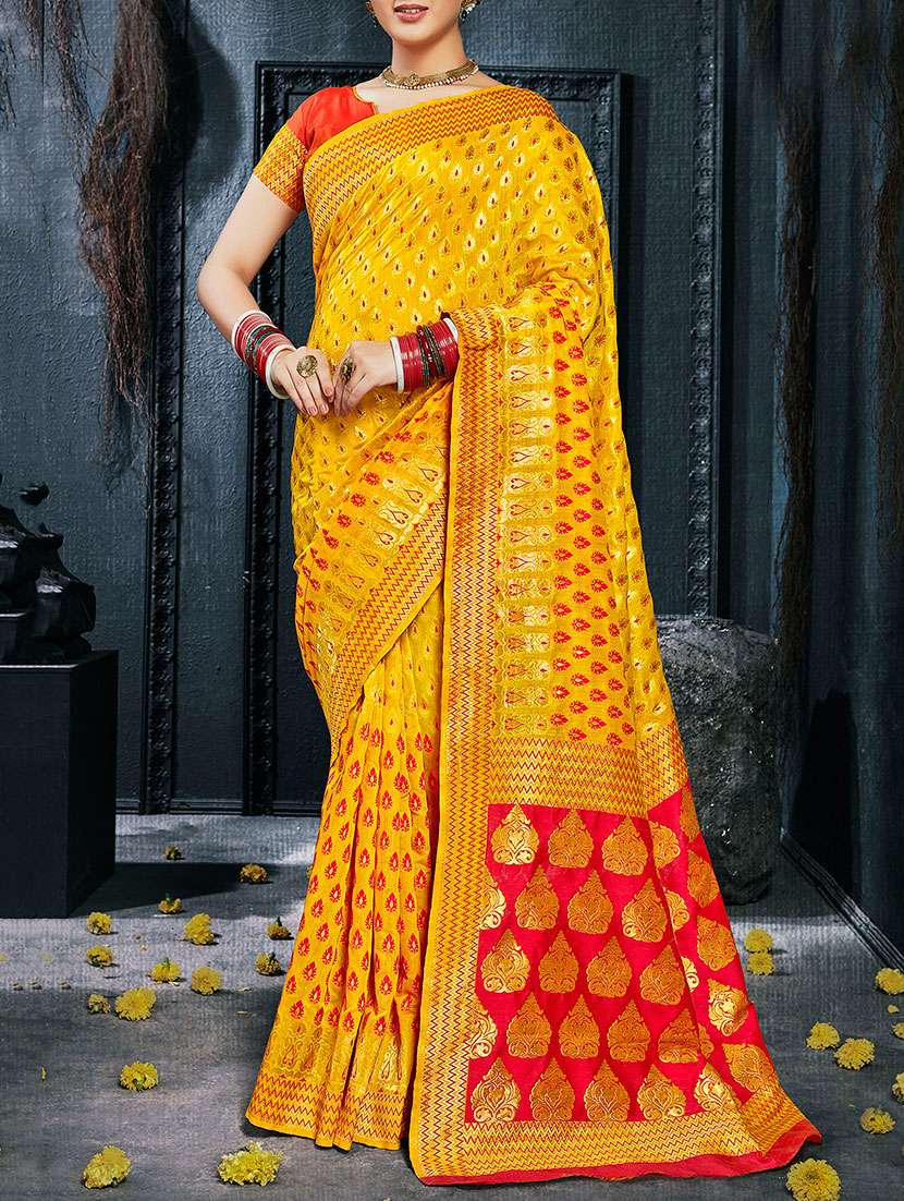 women's self design yellow colored saree with blouse