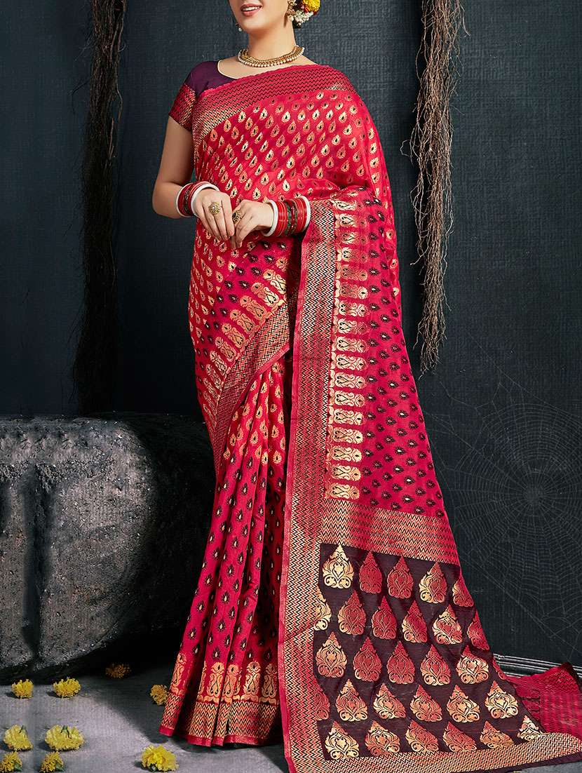 women's self design red colored saree
