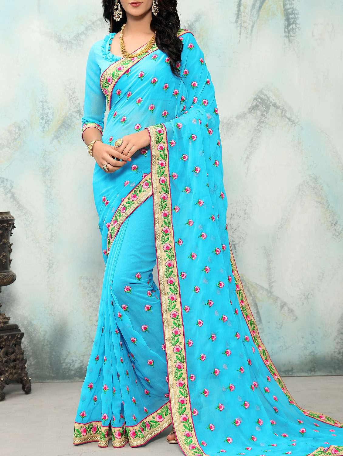 sky blue embroidered saree with blouse