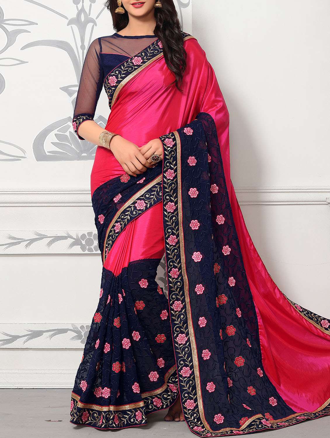 pink embroidered saree with blouse