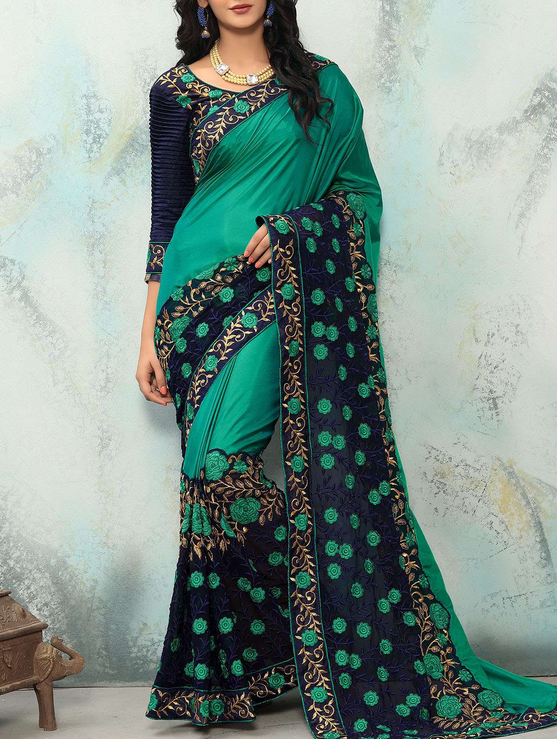 green embroidered saree with blouse