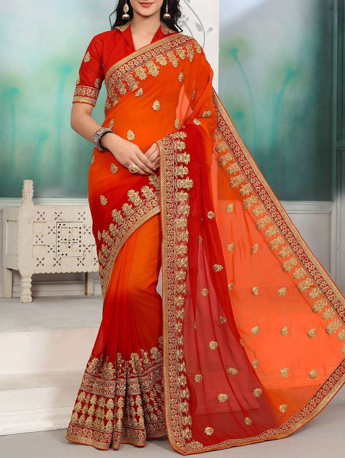 orange embroidered saree with blouse