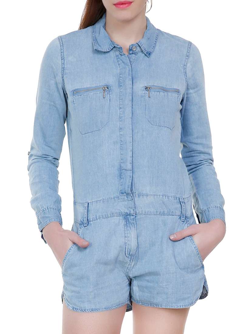 blue denim romper jumpsuit