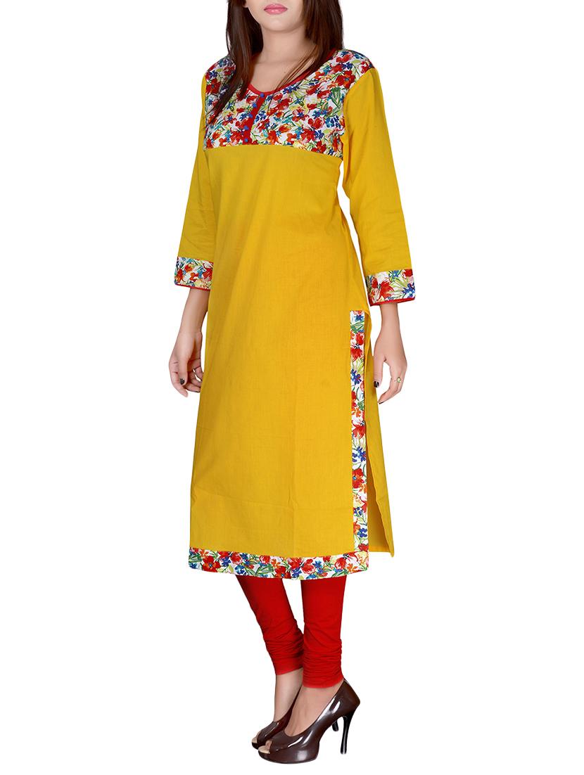 yellow cotton straight kurta - 14616588 - Standard Image - 1