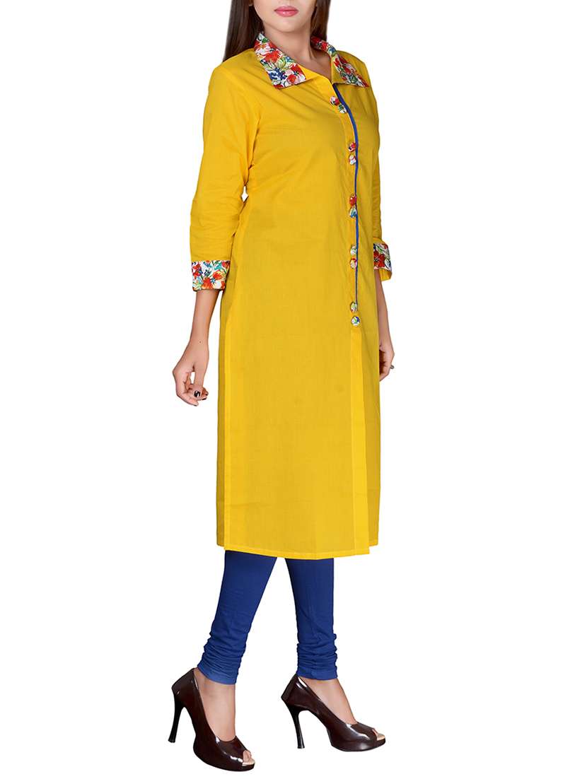 yellow cotton straight kurta - 14616593 - Standard Image - 1