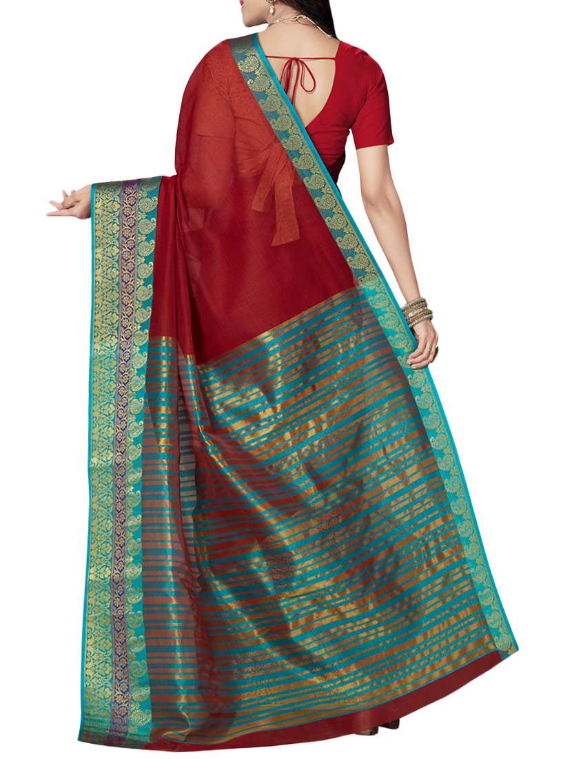 maroon cotton blend maheshwari saree with blouse - 14637219 -  Standard Image - 1