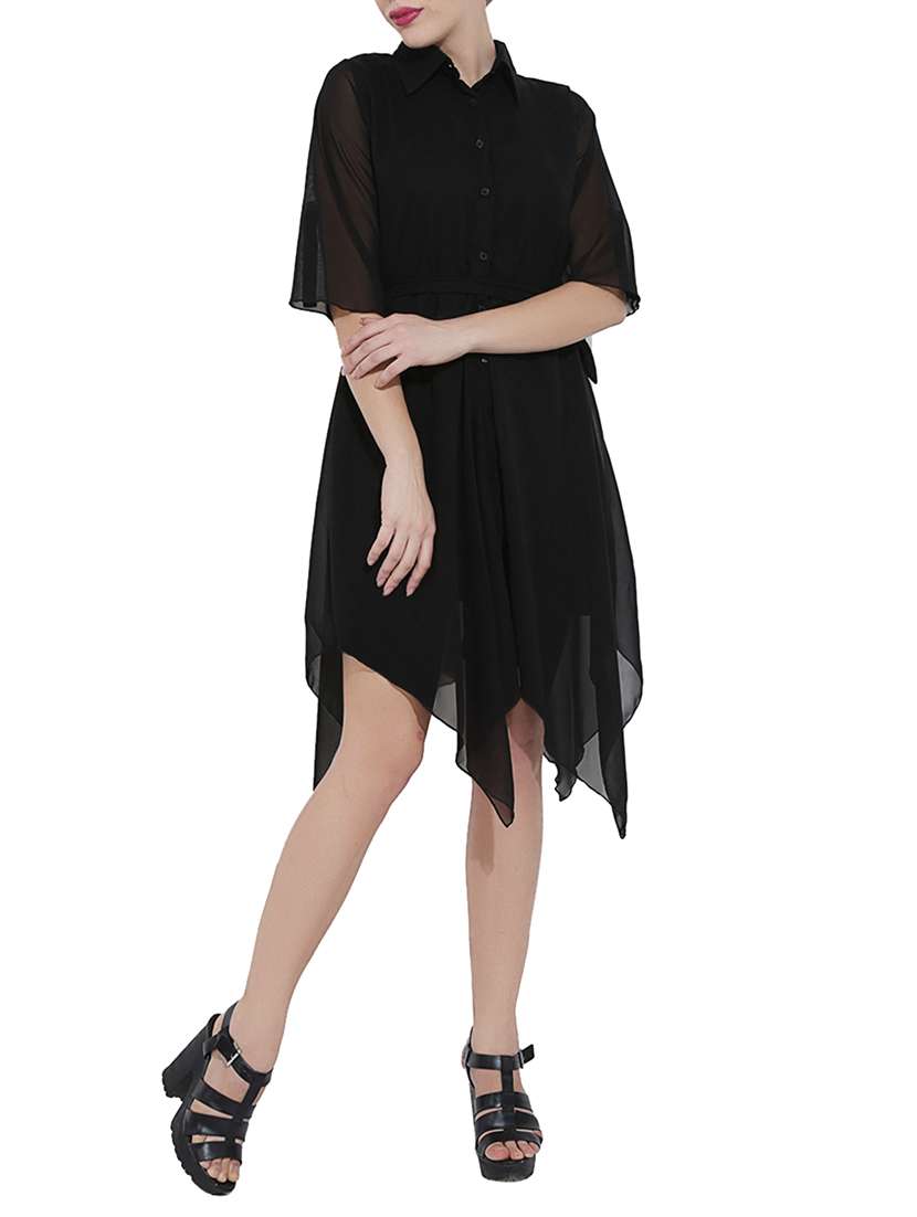 sheer sleeve asymmetric dress
