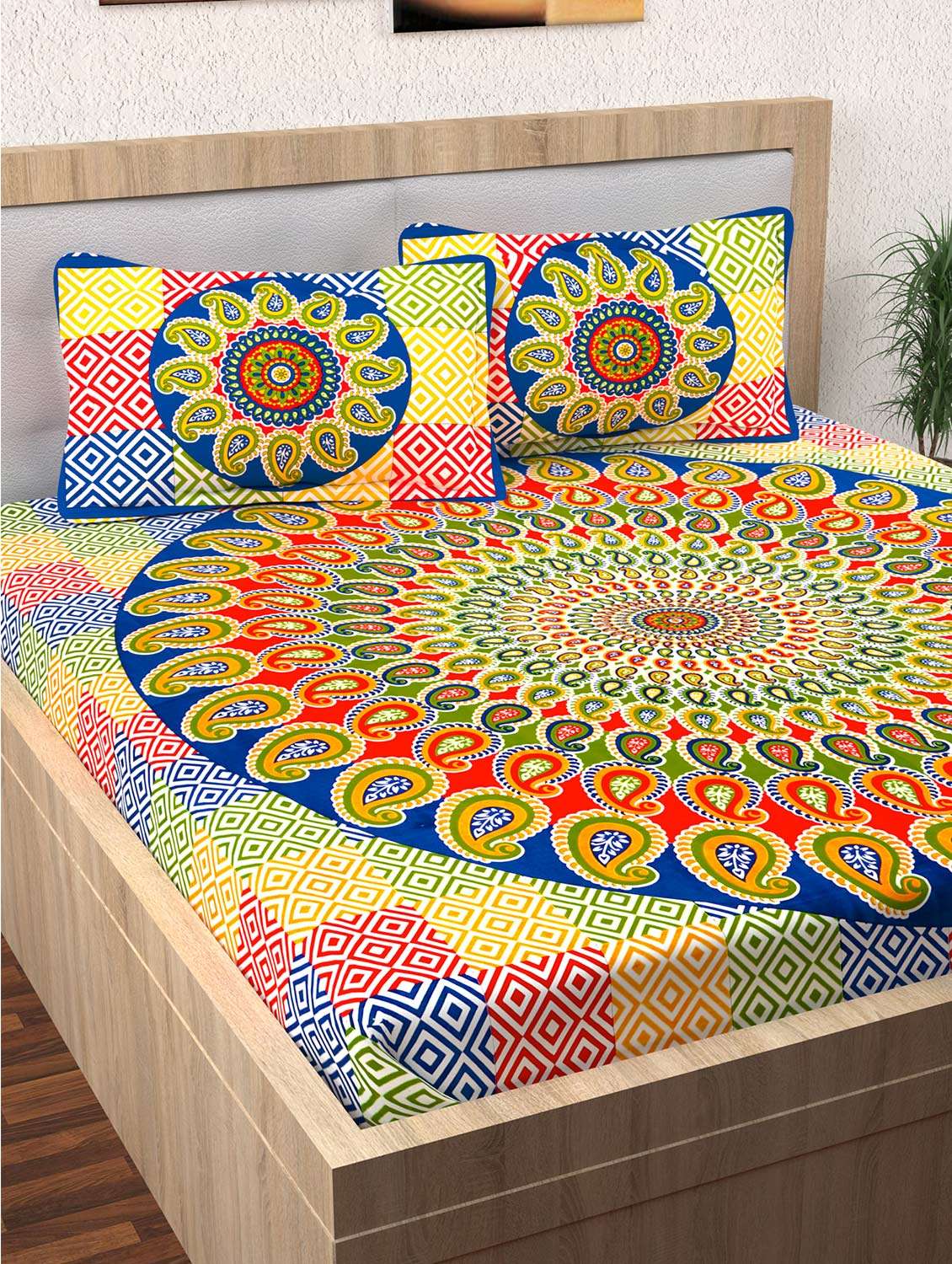 ethnic print 120 tc 100% cotton multicolored double bedsheet with 2 pillow covers