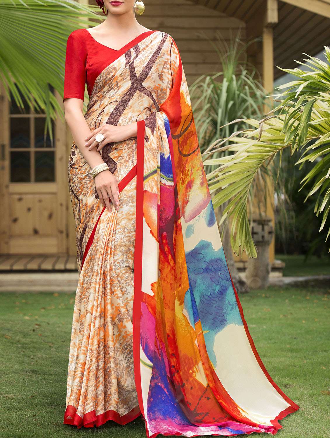 red colored printed saree with blouse